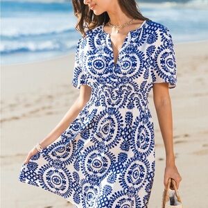 Cupshe Blue White Boho Print Mini Dress Size XL V Neck Empire Waist